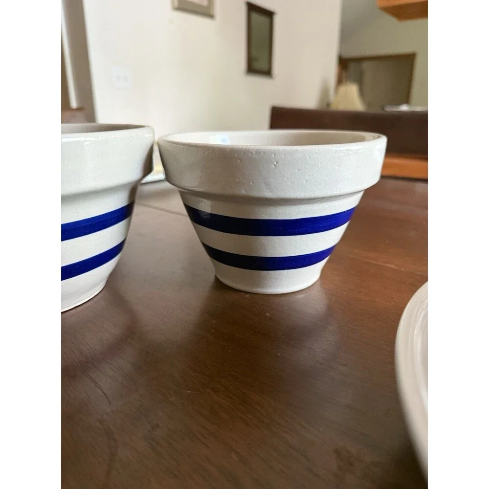 VTG Roseville Pottery RRPCo Stoneware Mixing Bowl Double Blue Band Stripe Set